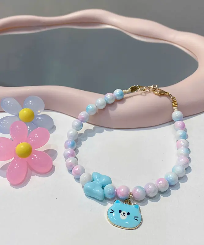 Dây Đeo Cổ Mèo, Chó Cưng Dễ Thương, Vòng Hạt Châu Ánh Tím Đa Sắc Mix Charm Ngộ Nghĩnh 4