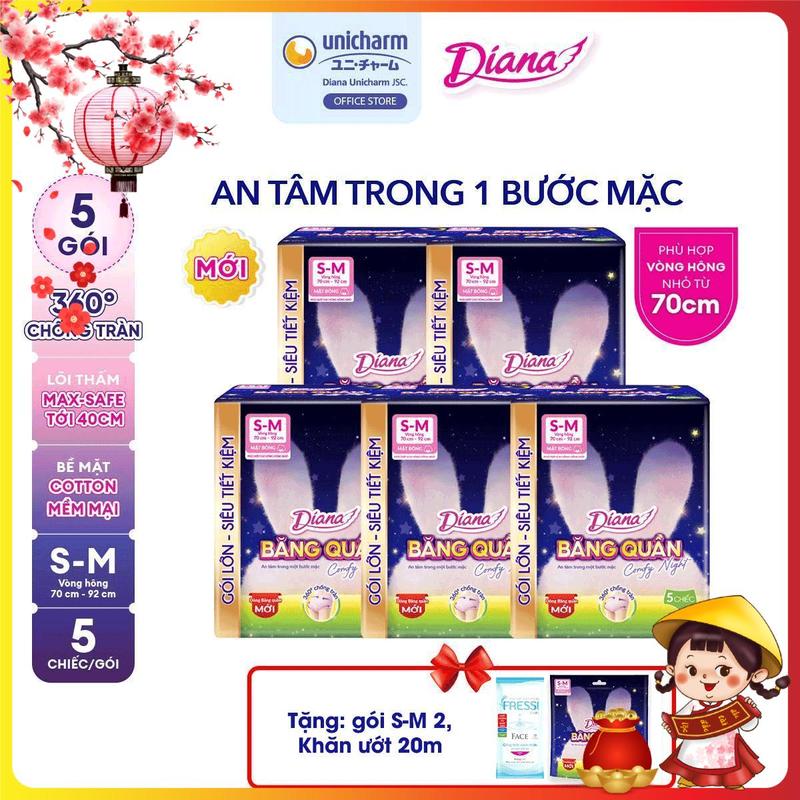 COMBO 5-TẶNG: S-M M-L 2 FRESSI FACE 20 Băng vệ sinh Diana Băng quần Comfy Night size S-M M-L 5 miếng gói
