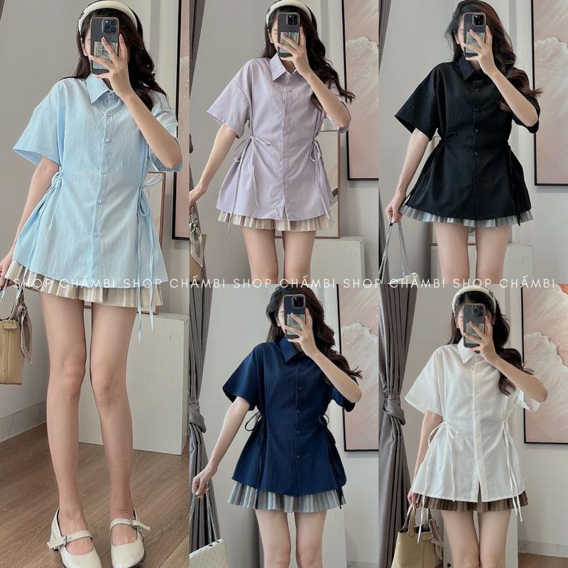 KO KÈM QUẦN Áo sơ mi nữ A.640 Áo sơ mi cổ đức dáng vừa tay ngắn có dây buộc eo tôn dáng 6 màu basic - Shop Chấm Bi