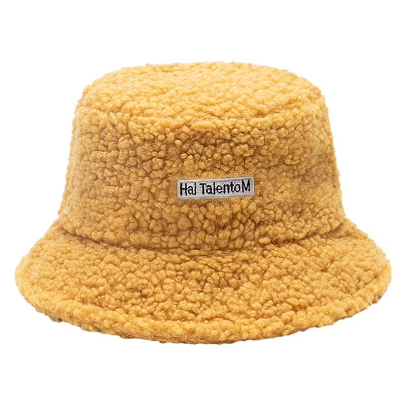 Product Introduction of Lamb Wool Bucket Hat Winter Warm Hats For Women Lady Thicken Flat Top Cap Panama Outdoor Fisherman Hat Caps Letter Embroidered Hat Fisherman Cap 56-58 cm 25