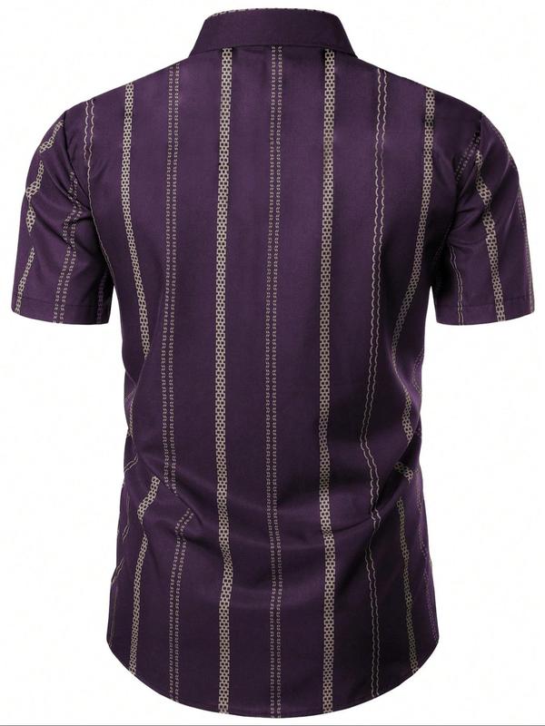 Men's Regular Fit Striped Print Button Front Shirt, Casual Short Sleeve Collar Top for Summer, Fashion Men's Clothes for Daily Wear 5