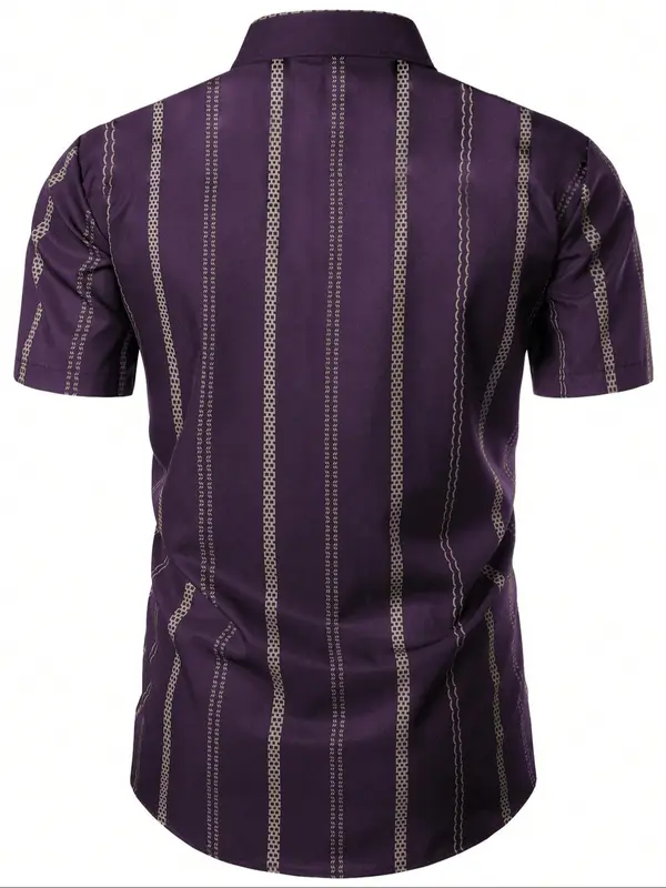 Men's Regular Fit Striped Print Button Front Shirt, Casual Short Sleeve Collar Top for Summer, Fashion Men's Clothes for Daily Wear 5