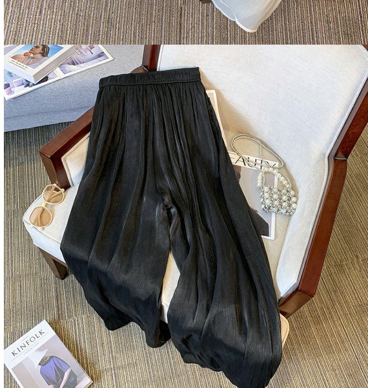 Product Introduction of Quần Váy Voan Lụa Lạnh Màu Đen, Dành Cho Nữ, Quần Mỏng Mùa Hè, Cạp Cao Co Giãn, thụng Rộng, Thường Ngày, Quần Ống Rộng Xếp Ly 7