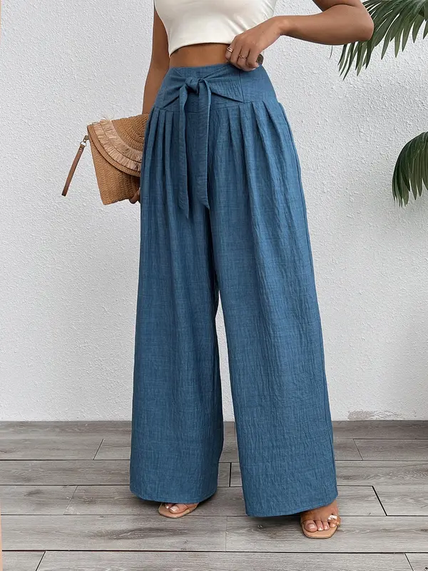 Women's Solid Color Tie Waist Wide Leg Trousers, Casual Fashion Elastic Waist Trousers for Daily Wear, Ladies Bottoms for All Seasons 2