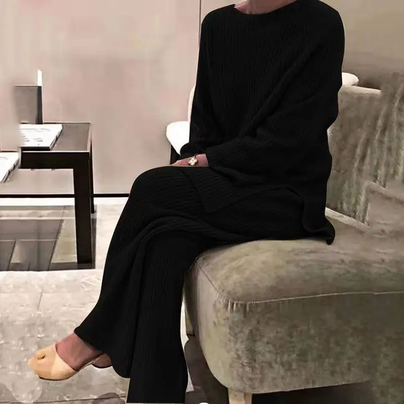 Long Sleeved Solid Color Knitted Casual Two-piece Set Women