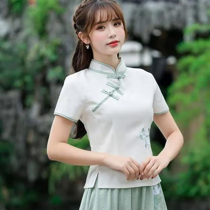 Bộ Đồ Hai Mảnh Bằng Vải Bông, Phong Cách Trung Quốc Cộng Hòa, Quần Áo Nữ, Thiết Kế Khóa Cổ Điển Chất Liệu Vải Bông Và Vải Lanh, Thêu, ngắn Tay, Thích Hợp Cho Nghệ Thuật Trà, Bộ Đồ Sườn Xám Cải Tiến 7