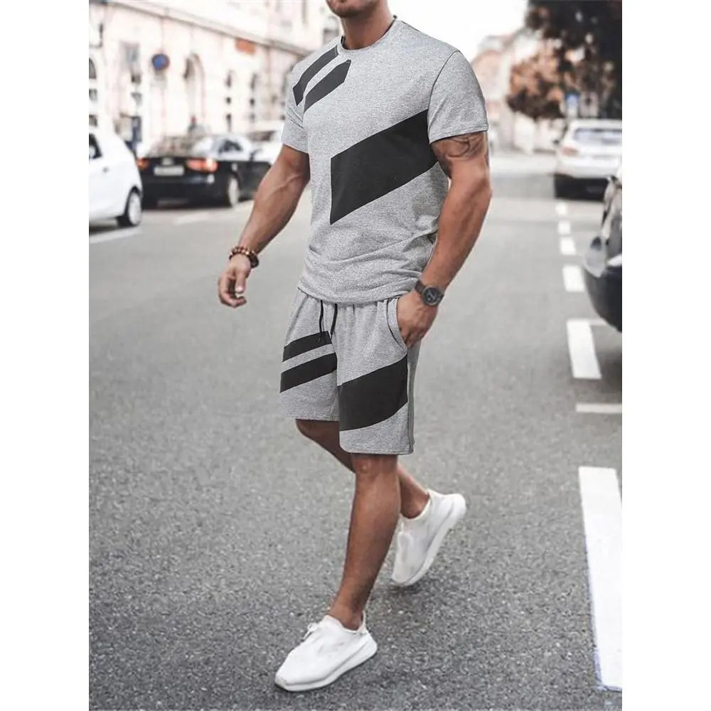 Summer 3D Trendy Printed Set Round Neck T-Shirt Shorts Daily Street Trendy Sports Set Plus Size Men'S Wear Fabric Menswear Polyester