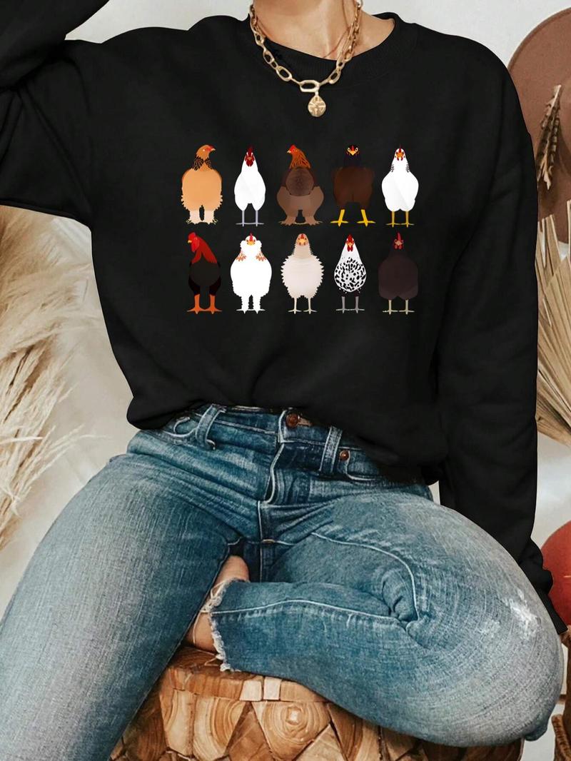 Product Introduction of Women's Chicken Print Crew Neck Sweatshirt, Casual Long Sleeve Pullover for Fall & Winter, Women's Clothes for Daily Wear 3