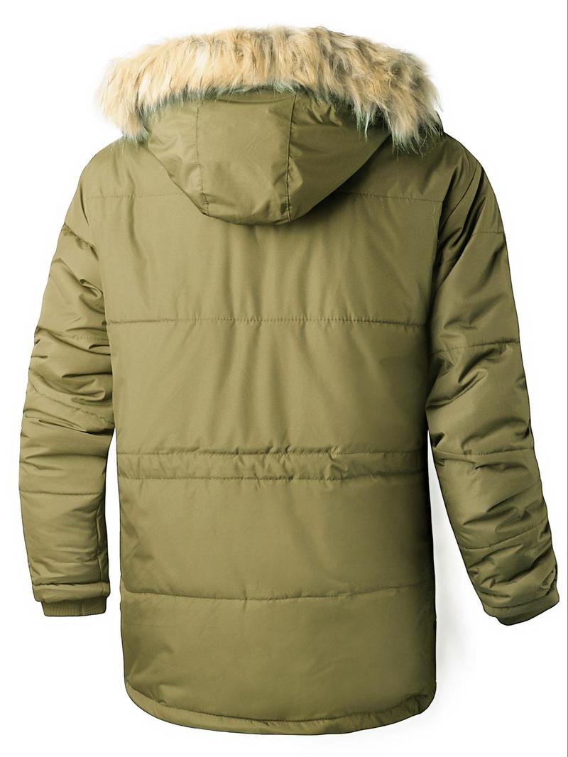 Product Introduction of Men's Flap Pockets Button Front Thermal Lined Hooded Coat, Slim Fit Casual Fuzzy Trim Zipper Warm Coat, Men Winter Coats, Men's Outerwear for Daily Wear 5