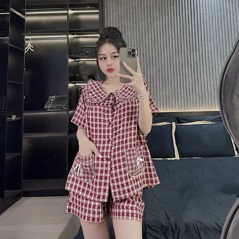 bộ ngủ pijama nữ mùa hè mặc nhà dễ thương  tiểu thư nữ quần đùi áo cộc đũi gân nhung sz(40-58) 3