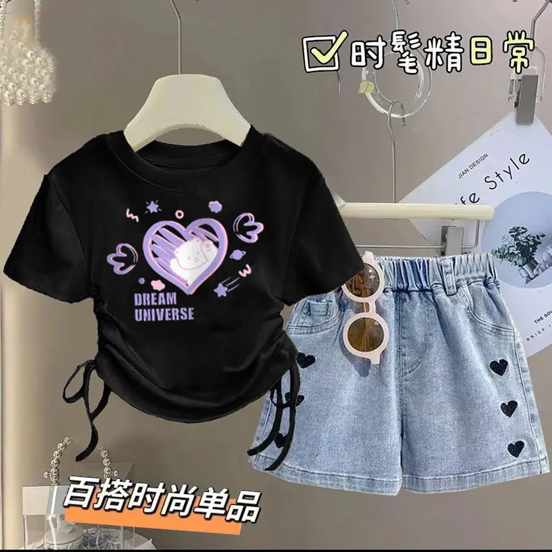 Bộ Đồ Quần Đùi Denim Mùa Hè Cho Bé Gái, Thời Trang Phong Cách Phương Tây, Áo Phông ngắn Tay Thường Ngày Cho Trẻ Em, Hàng Mới Về Mùa Hè 2024