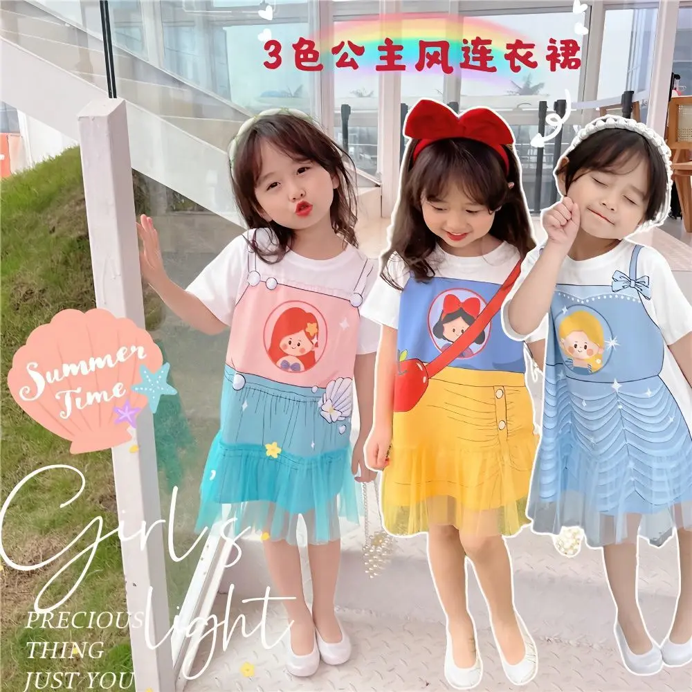 Girls' Cartoon Fake Two-Piece Mesh Dress Short Sleeve T-shirt Skirt Summer New Fashion Baby Snow White Dress