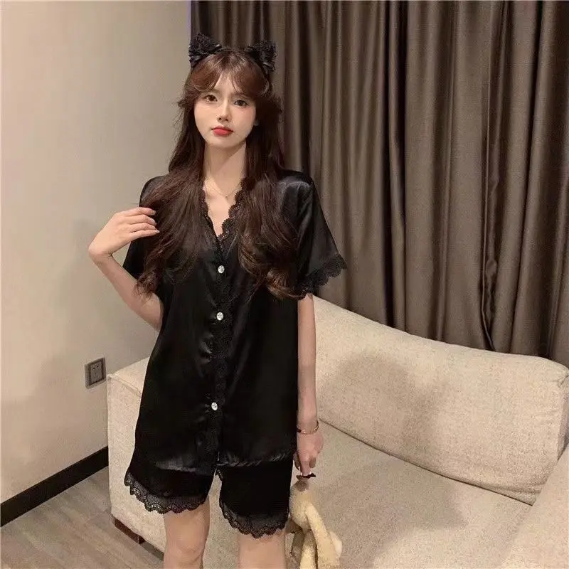 Bộ Đồ Ngủ Lụa Lạnh Dành Cho Nữ, Bộ Sưu Tập Mùa Hè, Ngắn Tay Mỏng, Có Thể Mặc Ngoài Trời, Ren Ngọt Ngào, Lụa Nhân Tạo, Cao Cấp, Thích Hợp Mặc Nhà, Năm 2024 Áo Top Nhung