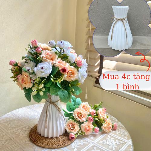 ( Tặng 1 bình nhựa ) Cụm hoa HỒNG TỈ MUỘI lụa 35cm tặng bình BÓ MẠ hoa giả trang trí nhà cửa Decor phòng