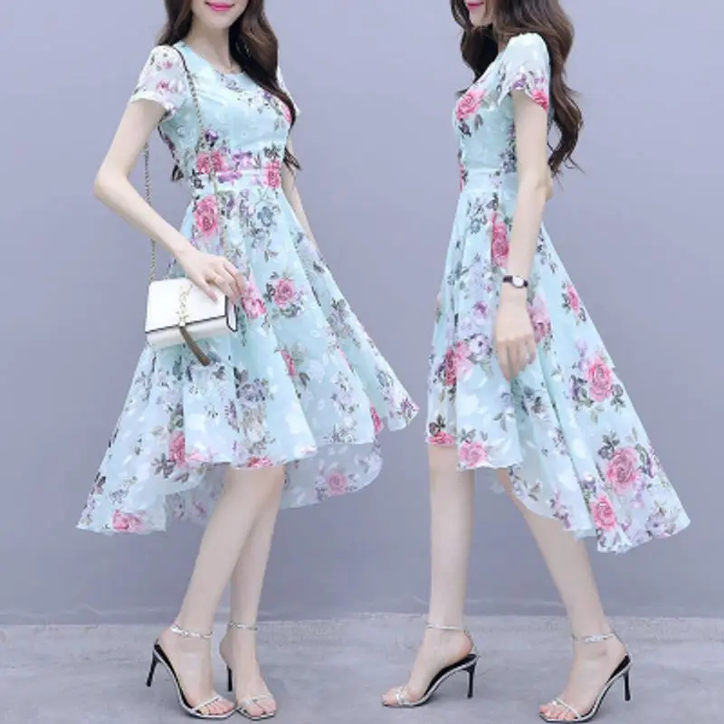 Váy Lụa Lạnh In Họa Tiết Dáng Ôm, Nữ Mùa Hè, Hàng Mới Về, Phong Cách Cổ Tích Mori, Bất Đối Xứng, 3
