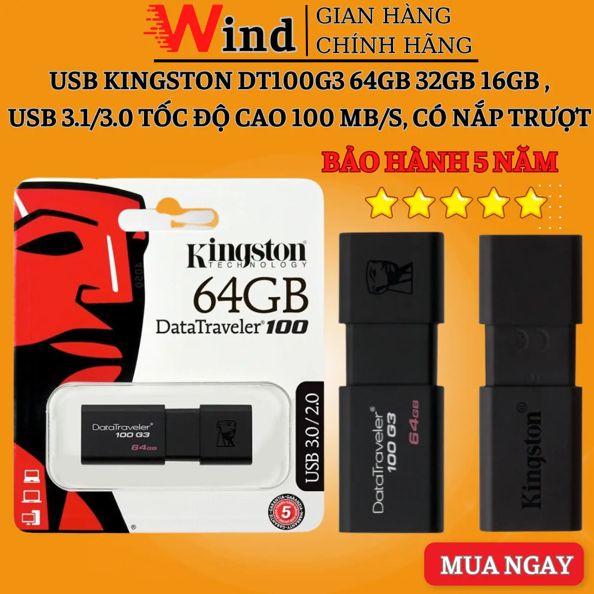 Usb Kingston DT100G3 dung lượng 64gb 32gb 16gb ,USB 3.1/3.0 tốc độ cao 100 MB/s, có nắp trượt - Bảo Hành 5 Năm