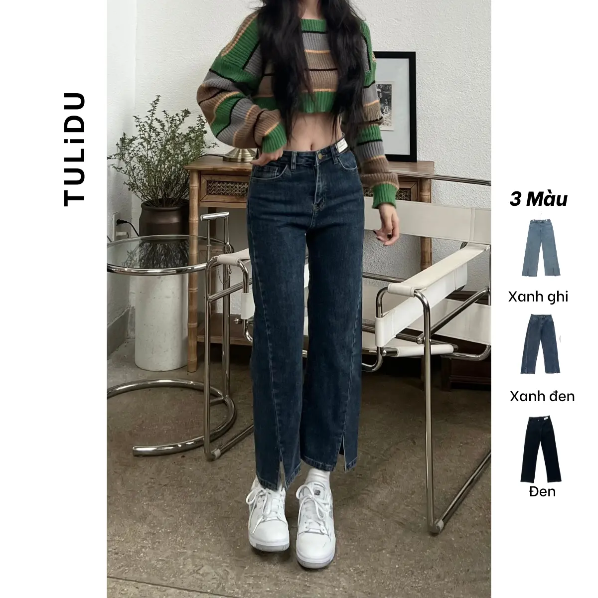 Quần Jean Ống Đứng TULIDU Xẻ Gấu Giữa Thời Trang Chất Cotton Co Giãn Mềm Mịn Nữ Pants