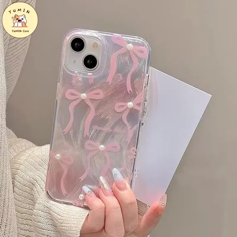 Sarung Ikat Mutiara Mewah Manis Lucu Untuk Perempuan Kompatibel Untuk IPhone 11 7Plus XR 11 13 15 14 12 Pro Max 8Plus X XS MAX 15 6S 6 Plus SE 2022 Sarung Lembut TPU Benang Bulu 6