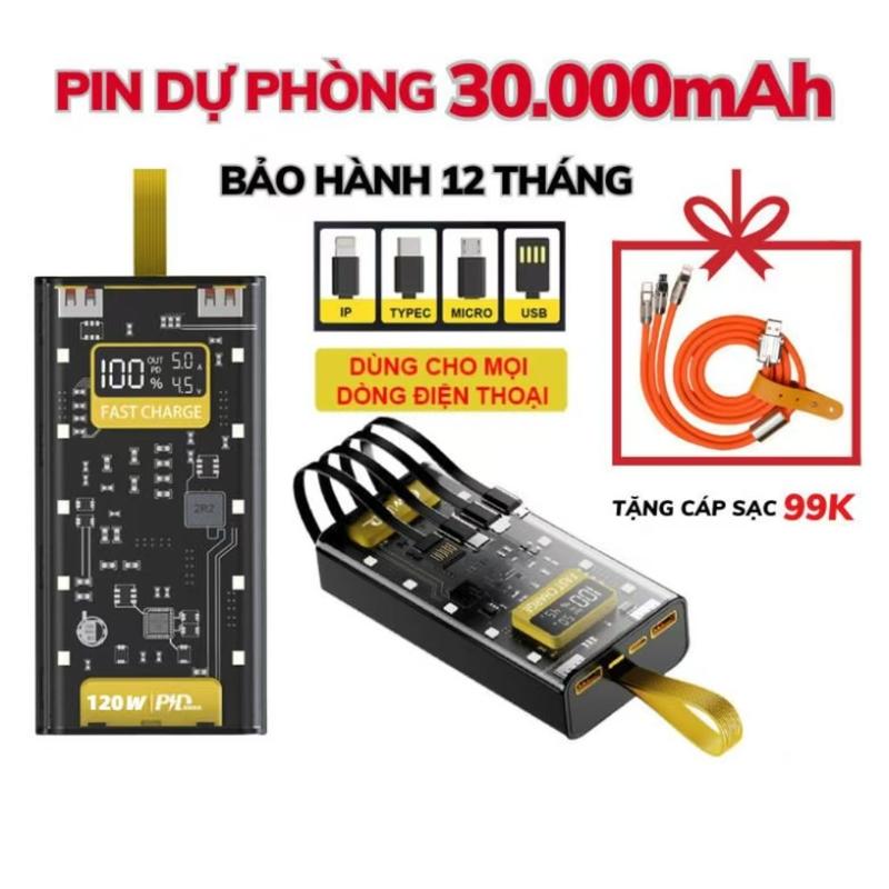 Sẵn Cáp USB Sạc Dự Phòng HB32 30.000MAH Sạc Nhanh PD 120W 20W,Thiết Kế Trong Suốt Có Đồng Hồ Hiển Thị %Pin Hiệu Điện Thế U V Cường Độ Dòng Điện Ampe Có Đèn Ngủ Bảo Hành 12 Tháng Sạc Pin