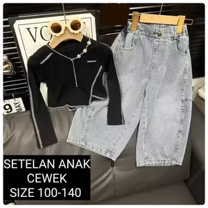 (LOLI-JKT) BS 845 SETELAN ANAK CEWEK LONGSLEEVE YOORI RIB CELANA JEANS SIZE KULOT 100-140