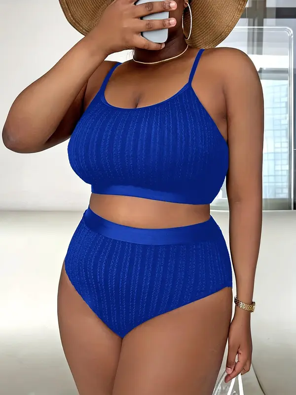 Plus Size Summer Textured Bikini Set, Casual Comfy Swim Top & High Waist Swim Bottom Swimsuit Set, Women's Swimwear for Summer, Tankini Outfit, Tankini Swimsuits Women 4