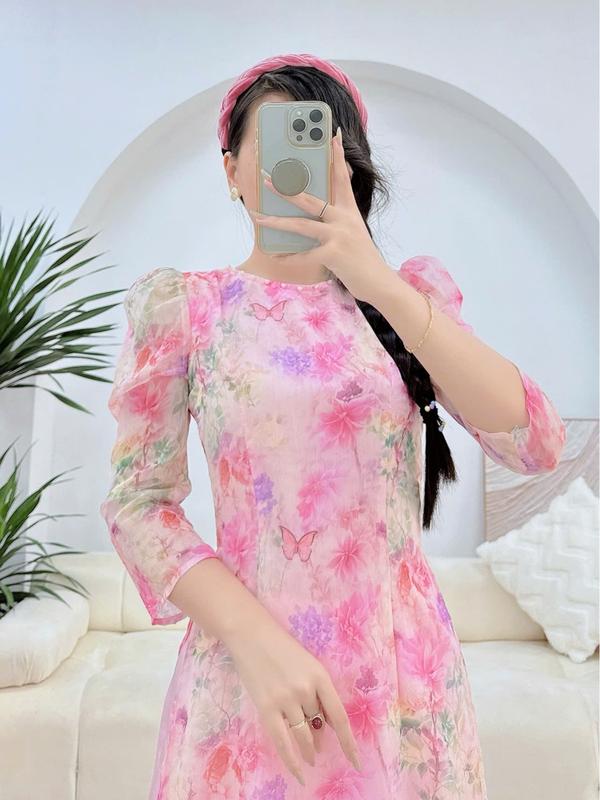 Áo dài nữ thiết kế tơ ép 4 tà màu hồng phấn - MÃ TK156 Women Dress Women Nhung Kem Sen 5
