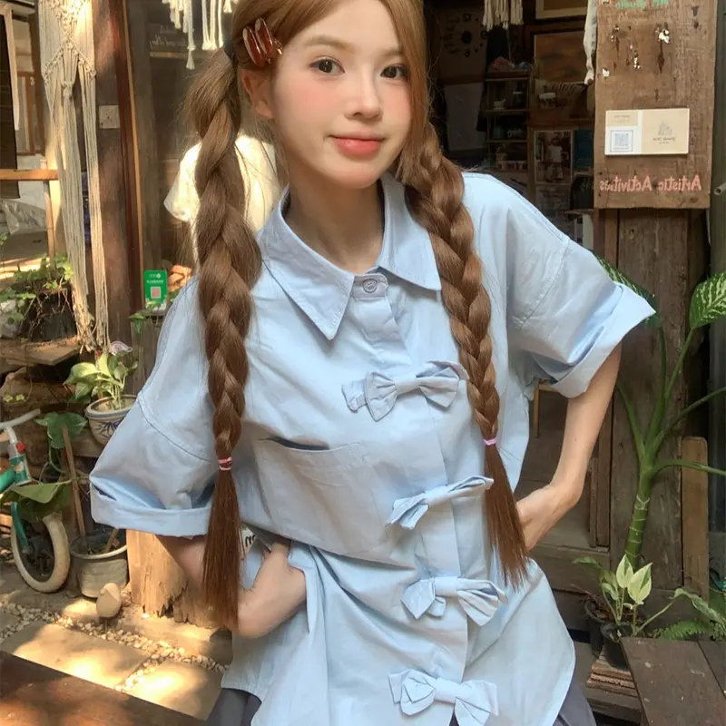 Áo sơ mi tay ngắn đính nơ ba chiều dành cho nữ, Áo sơ mi form rộng màu trơn mùa hè Top Women Xanh Trắng áo sơ mi nữ hottrend 6