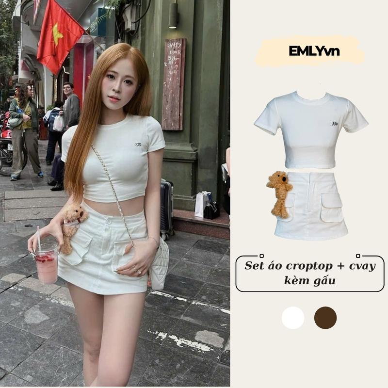 EMLYvn - Set Áo Croptop Và Chân Váy Kaki Túi Hộp Kèm Gấu Set Đồ Nữ Hàn Quốc Dễ Thương Đi chơi Dạo Phố