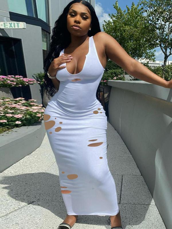 Women's Plain Ripped Notched Neck Bodycon Dress, Casual Sleeveless Long Dress for Summer, Ladies Clothes for Nightclub Party Daily Wear 2