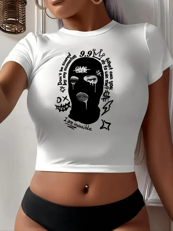 Women's Letter & Figure Print Round Neck Crop Tee, Casual Short Sleeve Crew Neck T-shirt for Daily Wear, Ladies Clothes for All Seasons 0