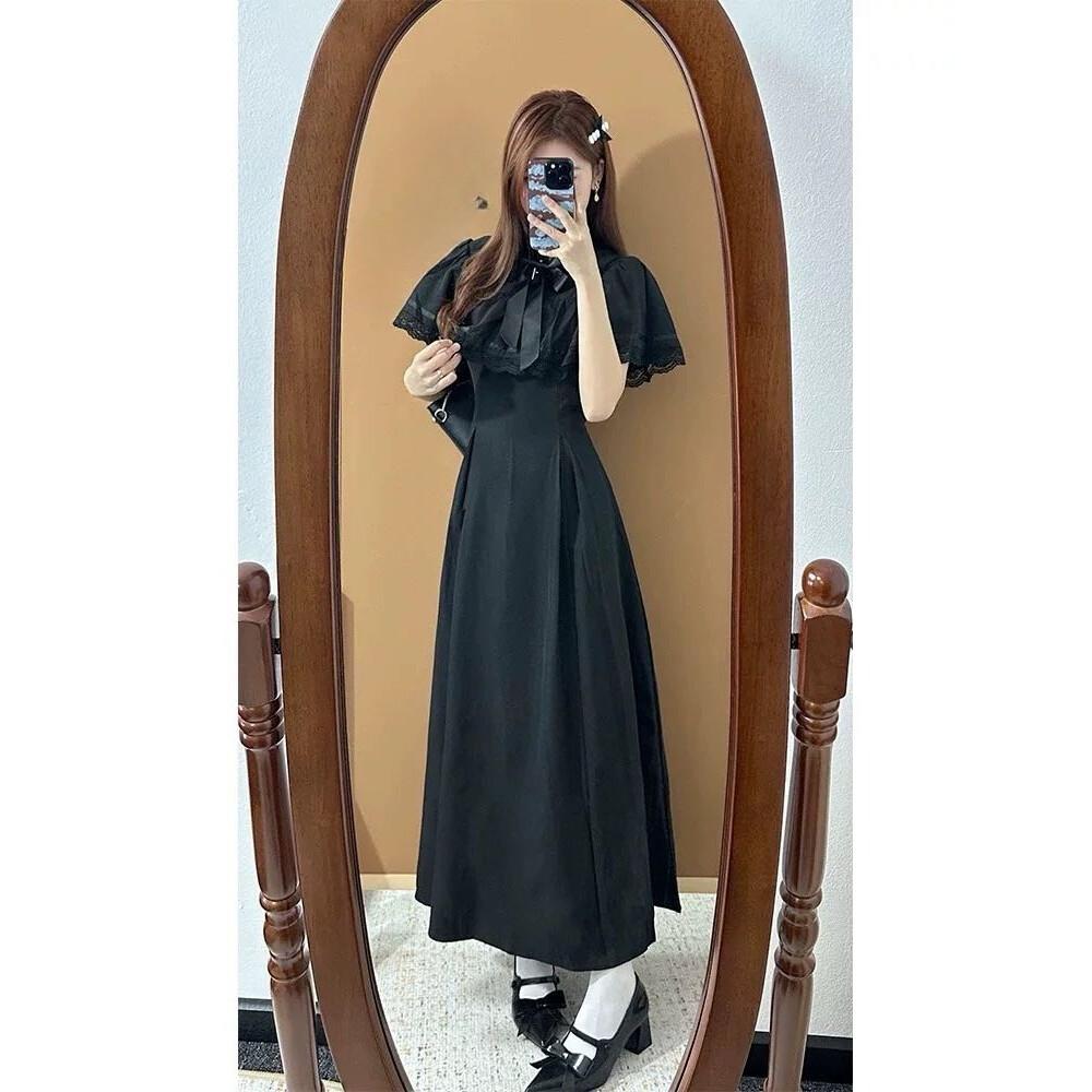 CHICMORE Gaun maxi lengan pendek dengan pita cantik di kerah warna solid elegant