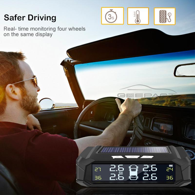 Product Introduction of 【24-hour shipping+free shipping+COD】TPMS Universal Tire Pressure Alarm Monitoring System Car Tire Pressure Monitoring System Solar Panel USB Charging Smart Car with 4 External Sensors Real-time LCD Display 37