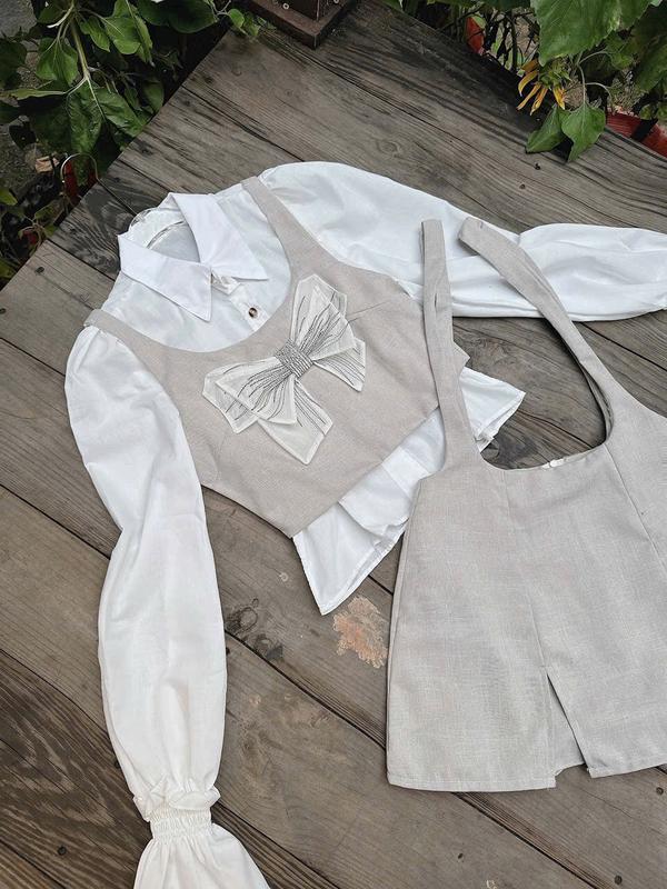 Sét 3 món , áo sơ mi tay phồng , áo ghille nơ thêu , yếm váy xẻ 3