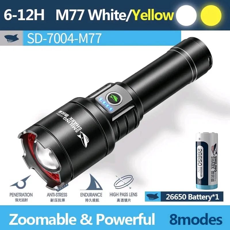 smilingshark m77 7004 5500mah ZOOM cahaya kuning + putih SUPER TERANG SUPER SOROT FREE tas Baterai 26650