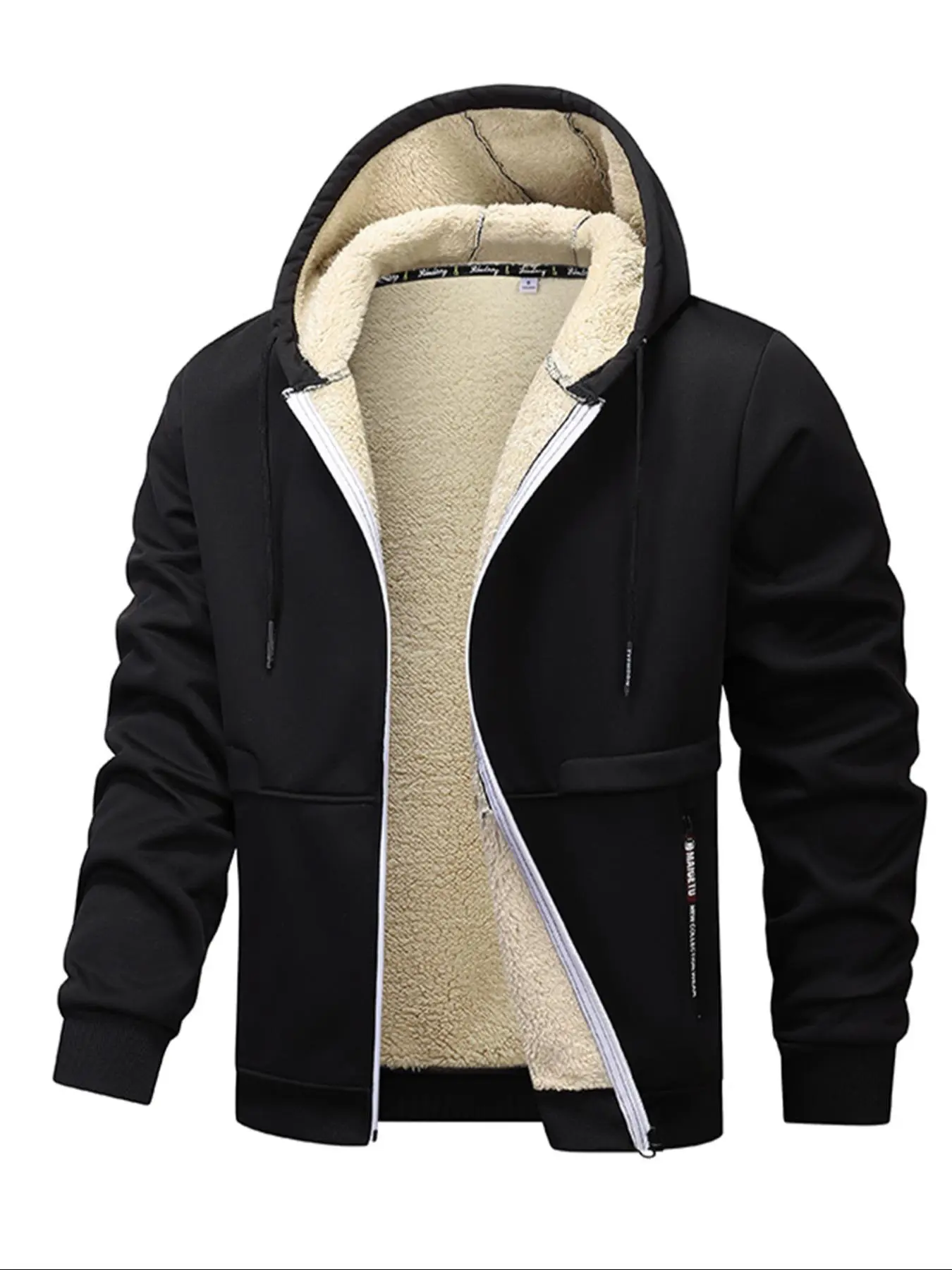 Men's Regular Fit Solid Pocket Drawstring Zipper Hooded Fleece Jacket, Casual Long Sleeve Thermal Lined Outerwear for Winter, Men's Clothes for Daily Wear， Jackets for Men