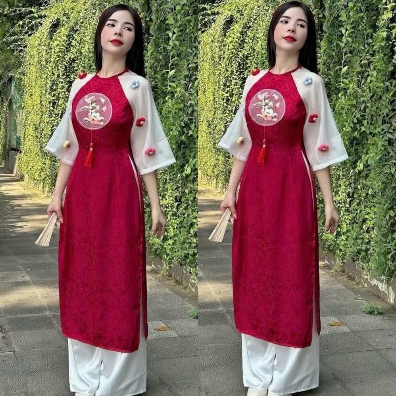  Set bộ nữ áo dài gấm tay lưng cổ tròn phối tơ gắng hoa mix quần tuyết nhung dài ống rộng sang chảnh dành cho các nàng diện di chơi,di tiệc. Women 