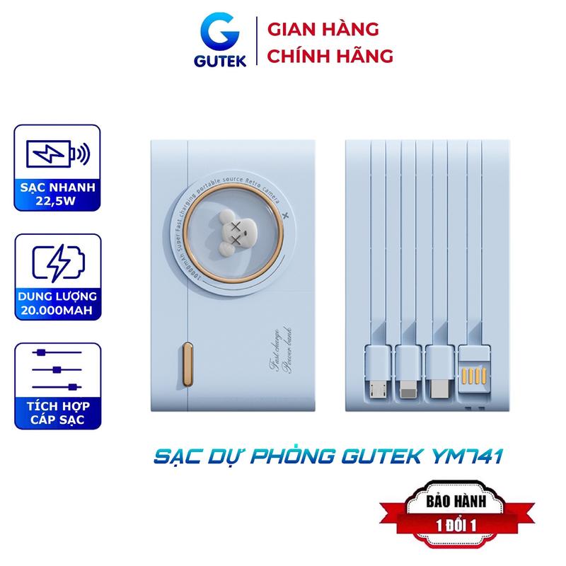 Sạc dự phòng 20000mAh Gutek YM741 dung lượng pin lớn tích hợp dây sạc nhanh cho nhiều thiết bị điện thoại Sạc Pin Pin Dự Phòng