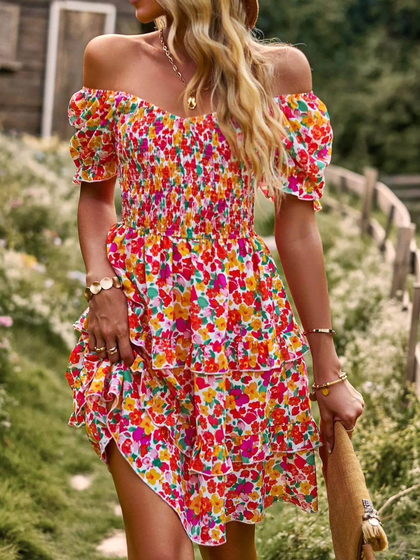 Women's Ditsy Floral Print Off Shoulder Shirred A Line Dress, Summer Clothes Women, Puff Sleeve Tiered Layer Ruffle Short Dress for Beach