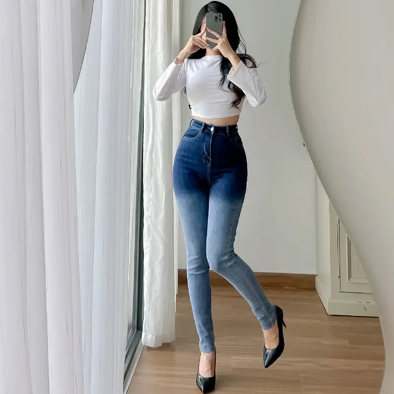 Q345 (40kg-53kg) Quần Jeans Nữ Dáng Ôm Có Giãn From Eo Nhỏ Lưng Cao Qua Rốn ( Jeans Ôm Xịt Loang 2 Màu Trơn - Rách ) Lai Cắt , Chiều Dài Quần (97cm-99cm) Women Pants 1