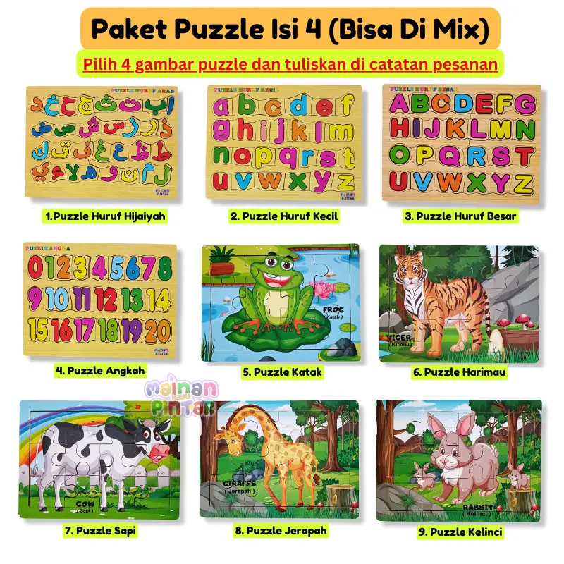 Paket Puzzle Kayu Edukasi Isi 4 Pcs Bisa dimix Sesuai Keinginan