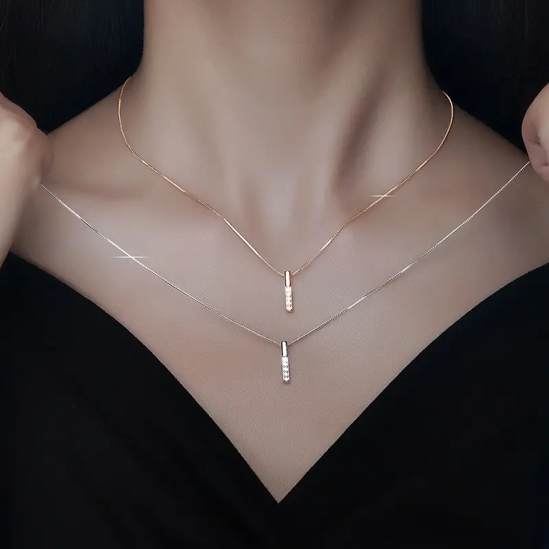 Square Pillar Diamond Inlaid Pendant Necklace, Rose Gold And Silver Women'S Collarbone Chain