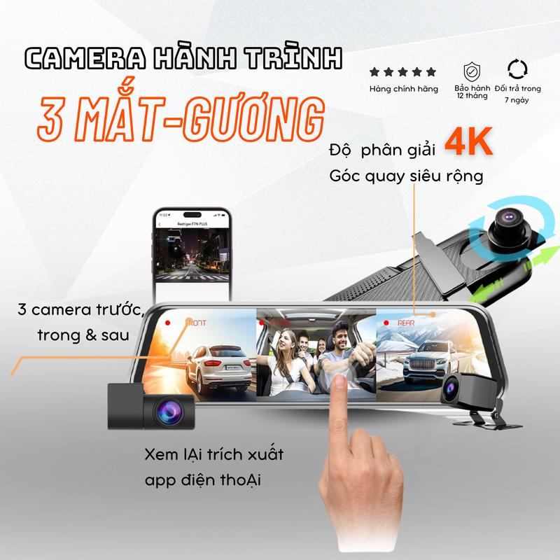Camera hành trình gương oto   ghi hình 3 mắt , trước , trong và sau xe  ghi hình 4K kết nối app điện thoại góc quay rộng dashcam cam hành trình