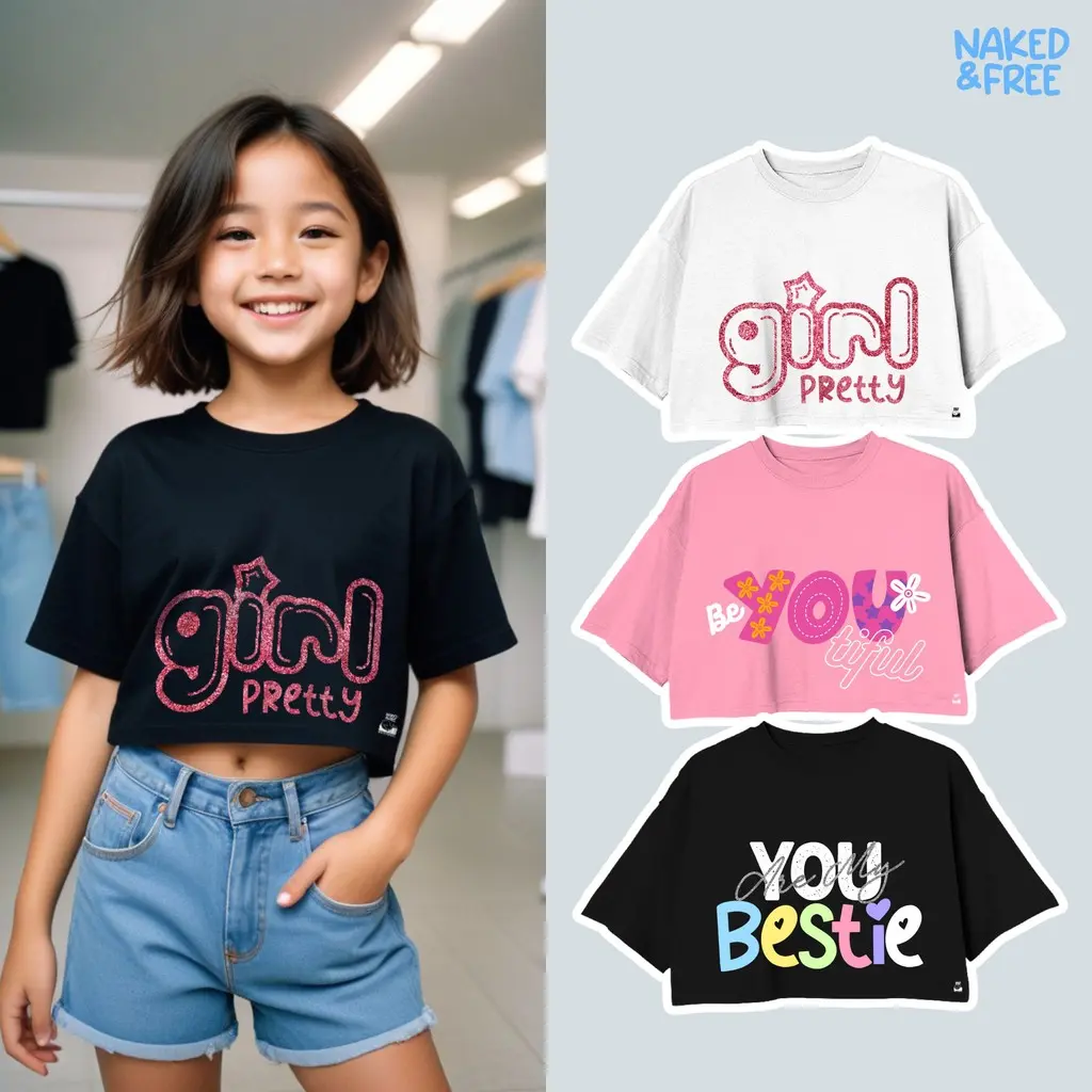 Naked & Free Croptop Anak Perempuan Typography Series Beautiful Girl Pretty Bestie Bahan Katun Combed 30s