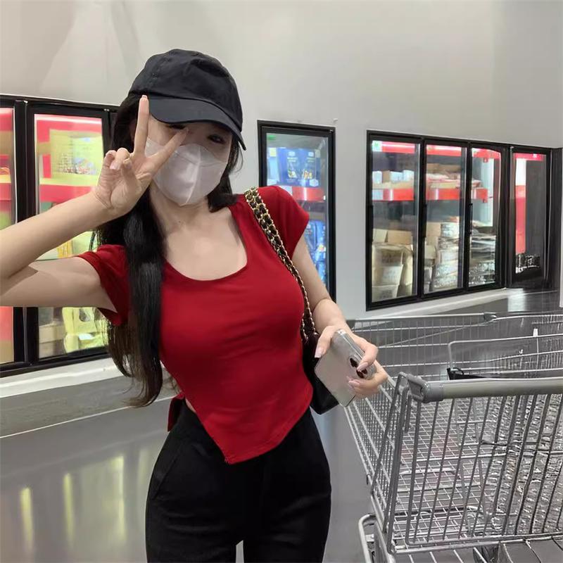 Product Introduction of Kemeja-T Pendek Kolar Persegi, Untuk Wanita, Gaya Gadis Panas Tidak Teratur, Lengan Pendek, Baju Atasan Musim Panas Baru, Warna Pepejal, PickMeNow, 2025 18