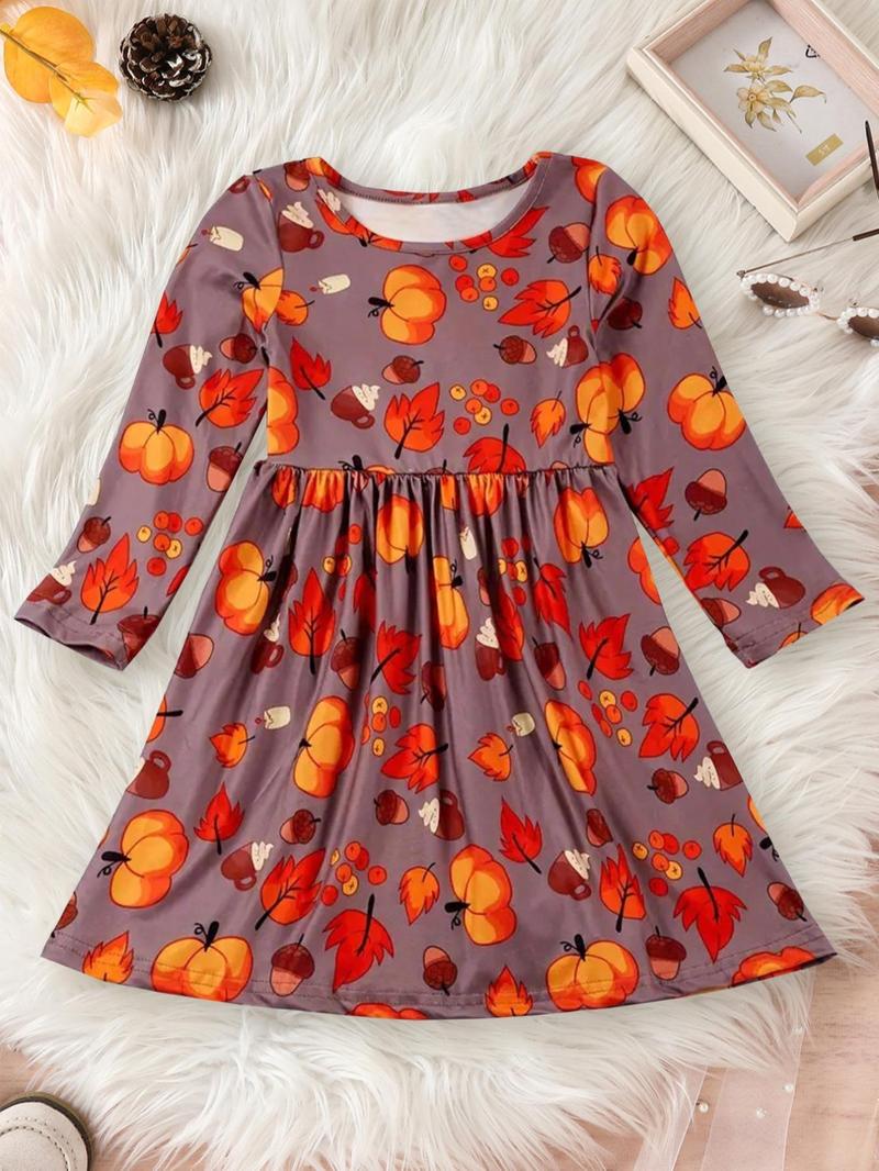 Product Introduction of Toddler Girl's All Over Maple Leaf Print Dress, Casual Long Sleeve Dress for Spring & Fall, Kids Clothes for Daily Wear 1