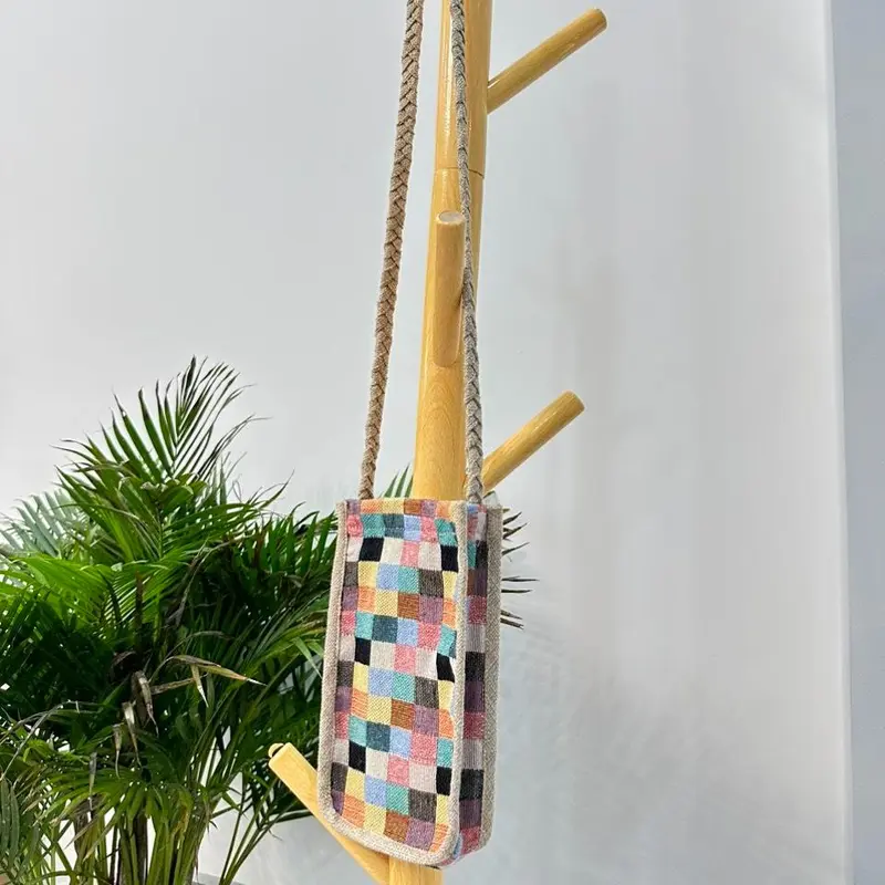 Túi vải đeo chéo đựng điện thoại kich thuoc 12cm x20cm/Túi vải handmade dây bện phối vải đay linen 6