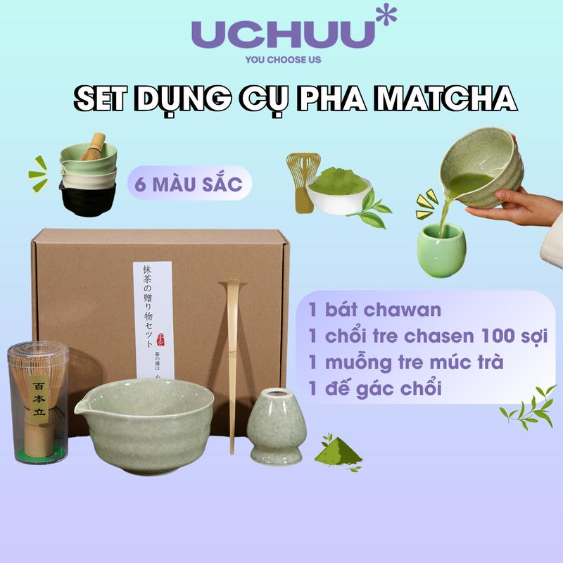 Set Dụng Cụ Pha Matcha UCHUU Bộ Đồ Pha Trà Đạo Nhật Bản Houjicha Bát Chawan Gốm Sứ Chổi Tre Chasen