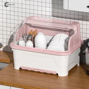 CANEL & CO Rak Piring Plastik / Rak Pengering Air Mangkok rak piring Dengan Tutup Rak / Mangkok/Sendok/ Garpu Rak Dapur Biru Hijau Pink