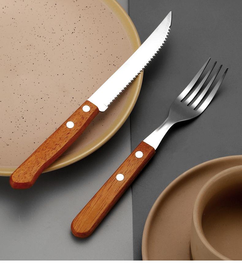 Product Introduction of Stainless Steel Clip Handle Tableware Knife, Fork and Spoon Three-Piece Hotel Steak Knife and Fork Knife, Fork and Spoon New Creative Wooden Handle Steak Knife and Fork 9