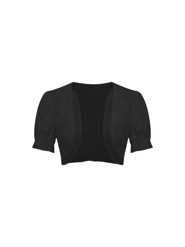 Women's Plain Hollow Out Ruffle Trim Crop Jacket, Casual Open Front Puff Sleeve Outerwear, Women's Summer Clothing for Daily Wear 3